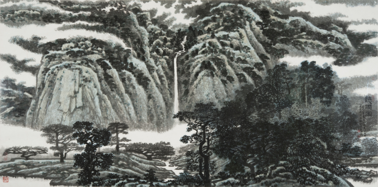 Listening to the Rain Wan Qingli (1945–2017) 1996
Ink and colour on paper
122.3 x 246cm Gift of the artist HKU.P.2002.1439